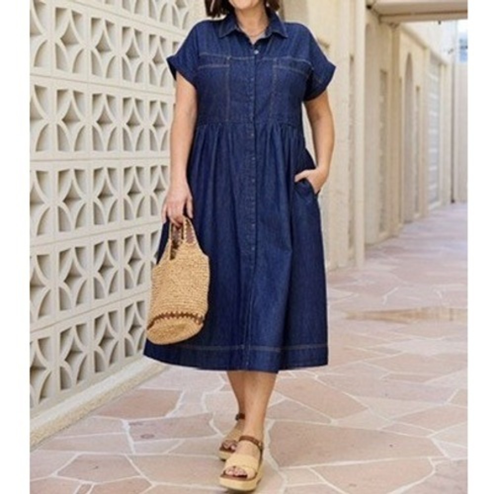 MAYE Harper Denim Dress Blue Dark Wash Button Up Midi Cap Sleeve Collared L